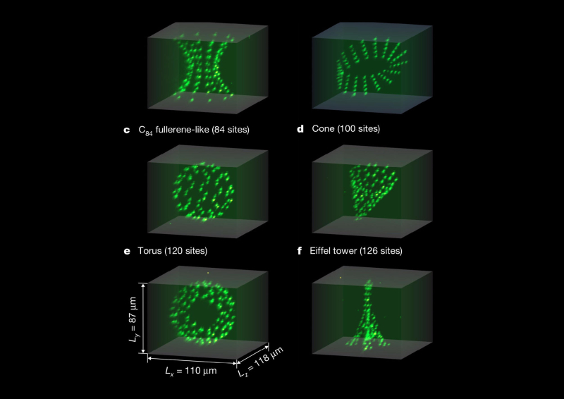 Images de matrices « d’atomes de Rydberg » organisés en 3D, reproduisant différentes formes. Chaque point vert correspond au signal de fluorescence d’un atome unique. © Laboratoire Charles Fabry,Institut d’Optique, CNRS.